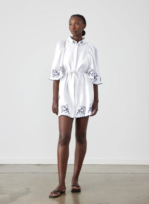 HATTIE LINEN RAMIE EMBROIDERY MINI SMOCK SHIRT DRESS - WHITE / NAVY - EMIA FASHION HATTIE LINEN RAMIE EMBROIDERY MINI SMOCK SHIRT DRESS - WHITE / NAVY - EMIA FASHION