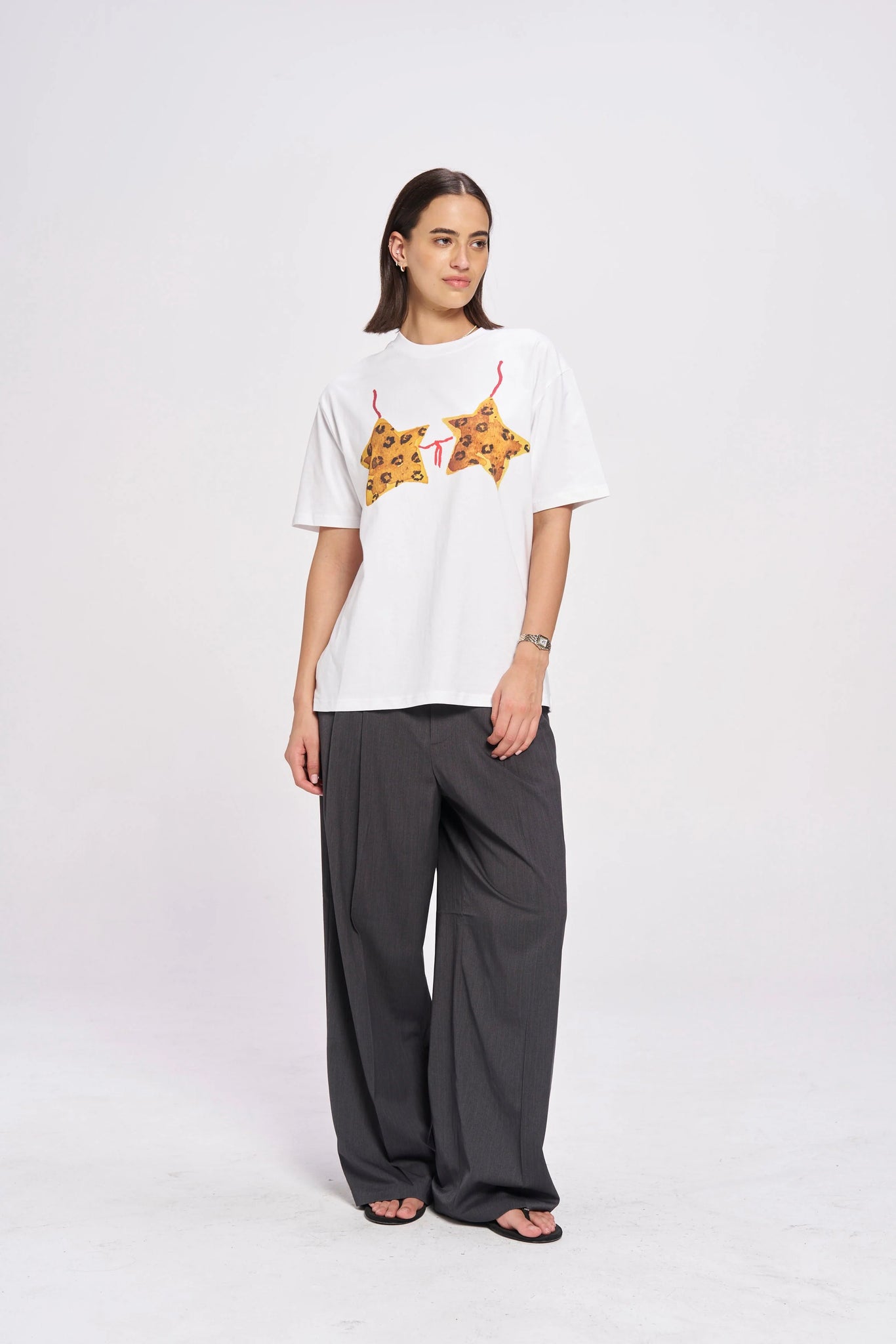 LEOPARD STARKINI OVERSIZED TEE  - WHITE - MAKU