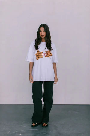 LEOPARD STARKINI OVERSIZED TEE  - WHITE - MAKU
