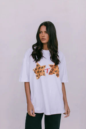 LEOPARD STARKINI OVERSIZED TEE  - WHITE - MAKU