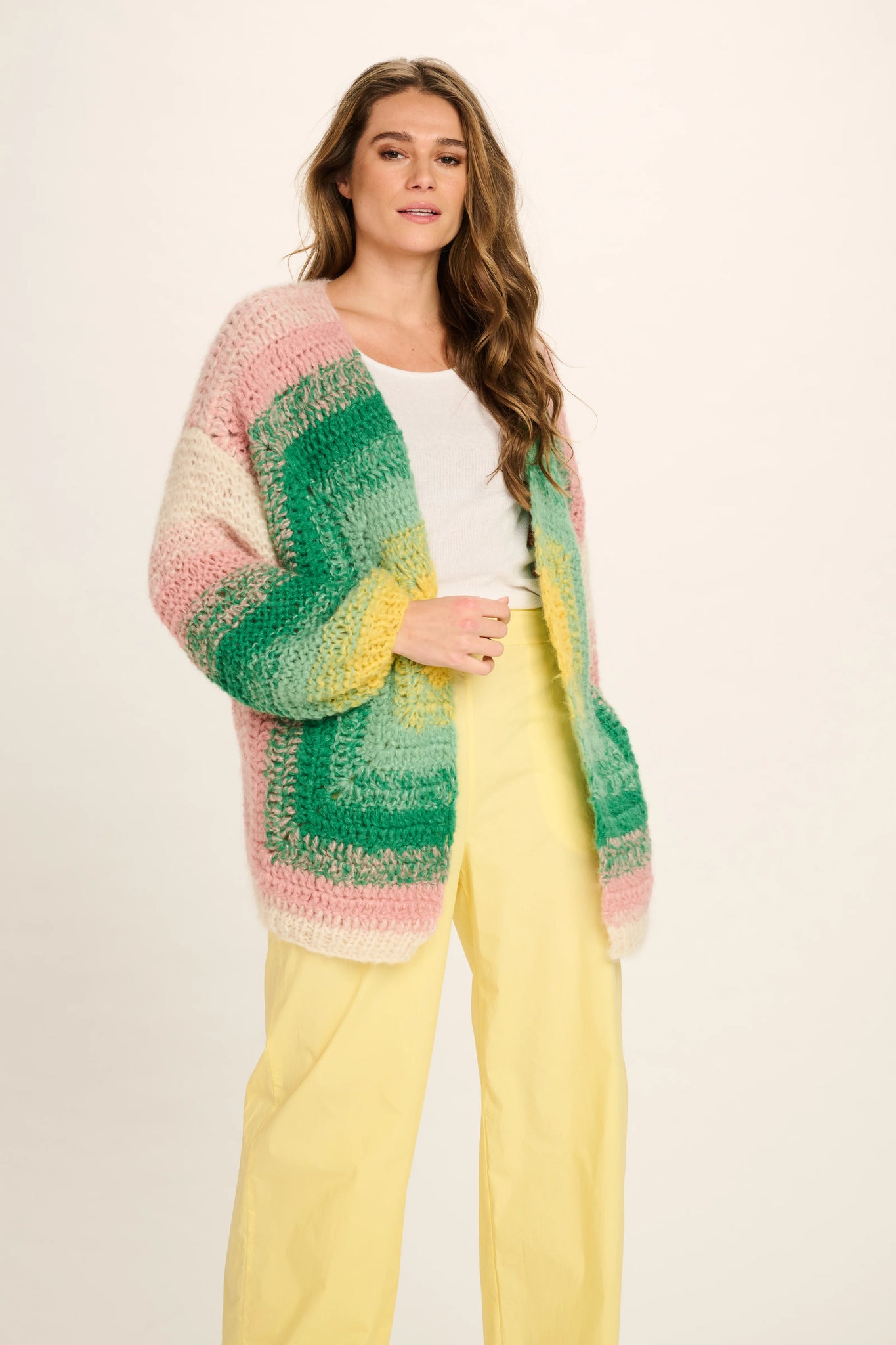 LAURA CASHMERE CARDIGAN SHORT - PINK GREEN YELLOW OFF WHITE CROCHET - LES TRICOTS D'O