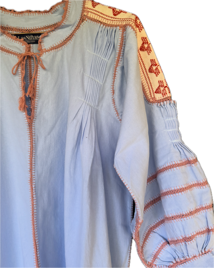 ESPANOLA DRESS LONG SLEEVE - PALE BLUE  / CAFE CROCHET - LAS NINAS