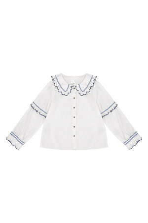 PHOEBE BLOUSE - ECRU AND ELECTRIC BLUE EMBROIDERY - SEVENTY + MOCHI