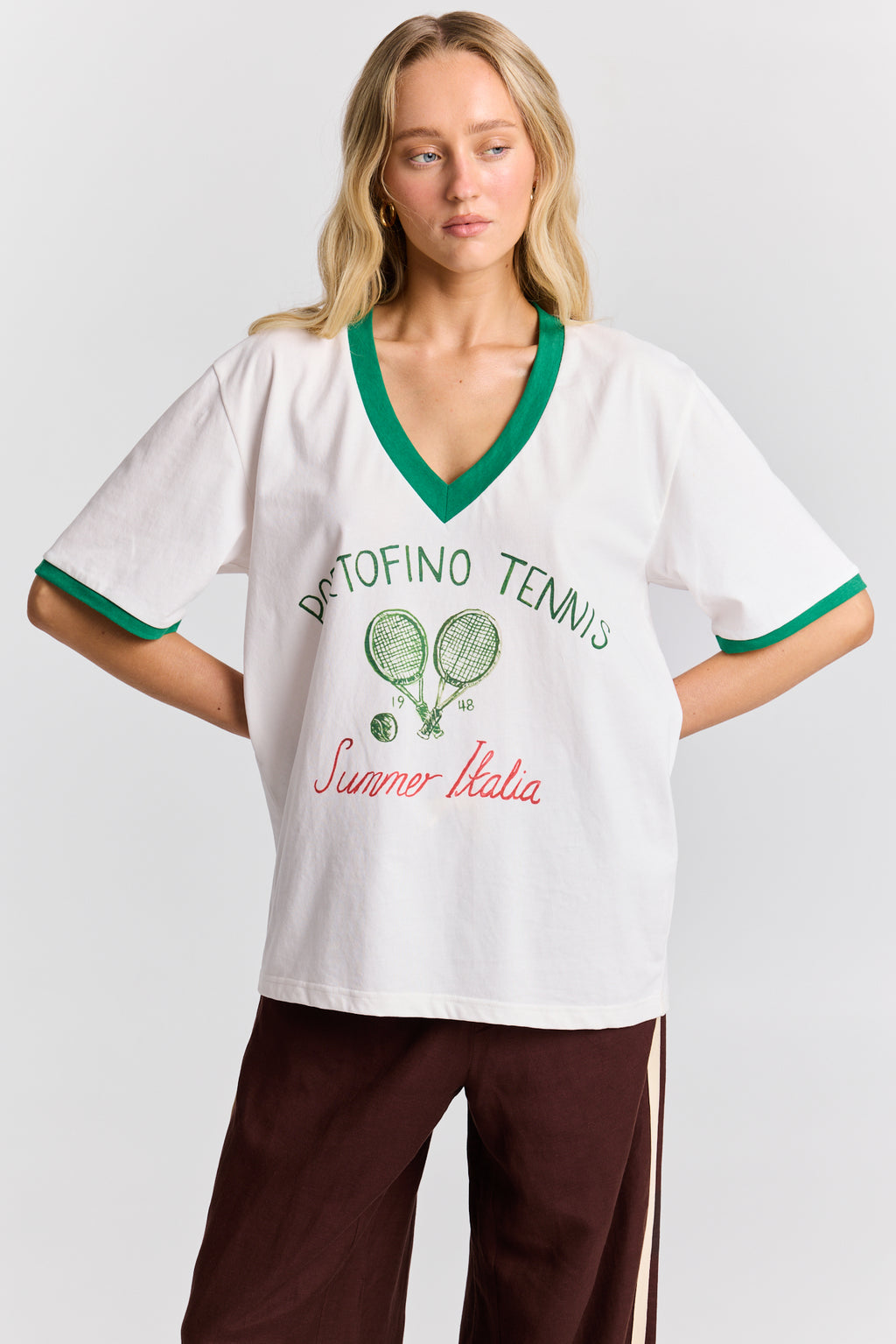 PORTOFINO TENNIS V-NECK TEE  - GREEN / WHITE  - MAKU
