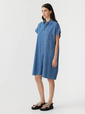DENIM SLEEVELESS SHIRT DRESS - AUTHENTIC BLUE - BASSIKE
