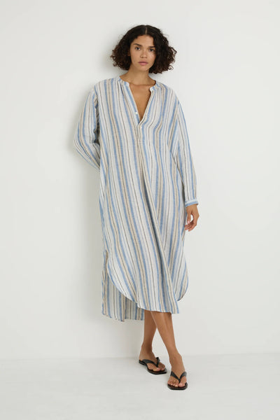 THEA LINEN DRESS - WHITE/BLUE/NATURAL STRIPE - VILLU  EMIA FASHION