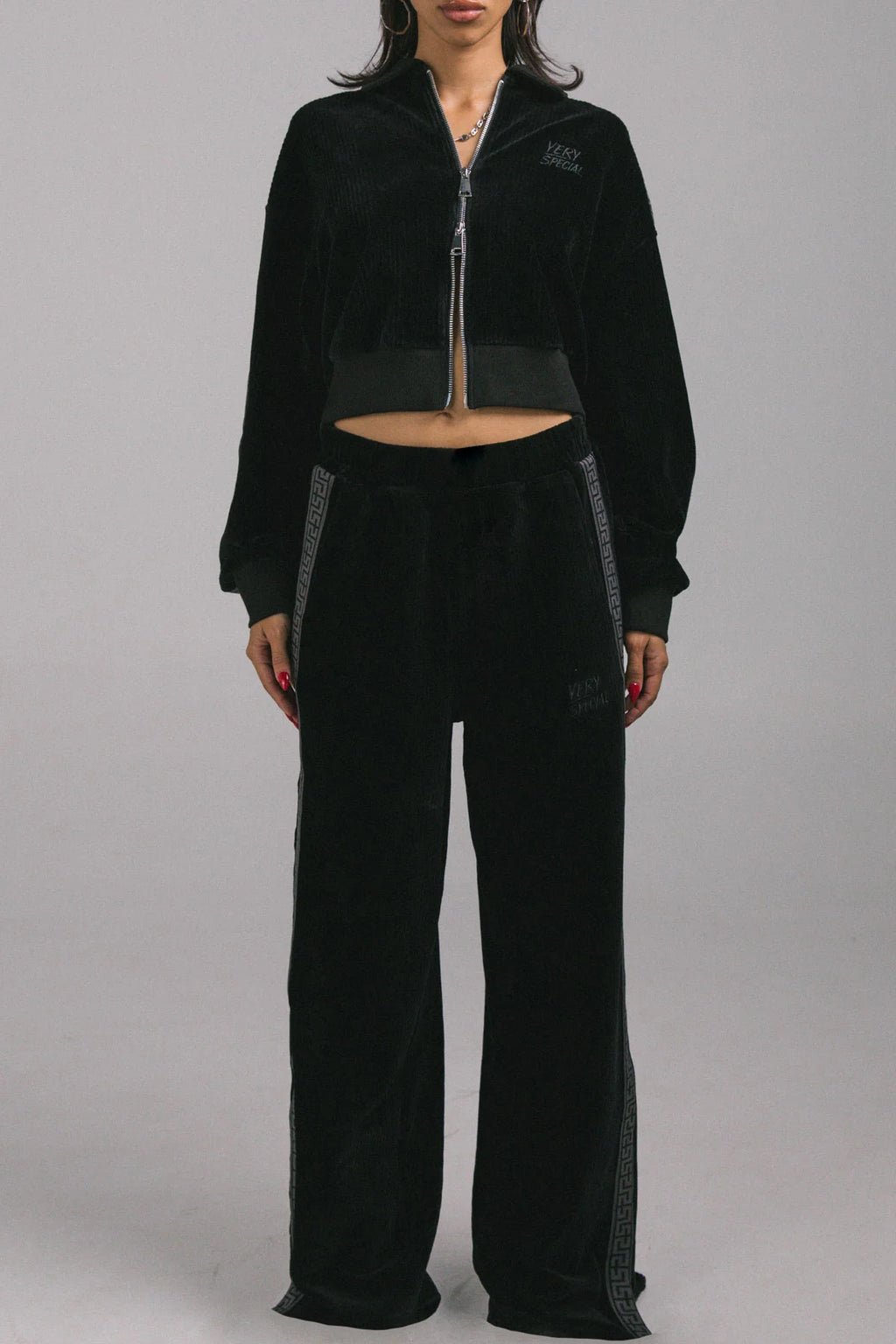 CORD VELOUR "GEO" WIDE LEG TRACK PANTS - BLACK - SOMETHING VERY SPECIAL