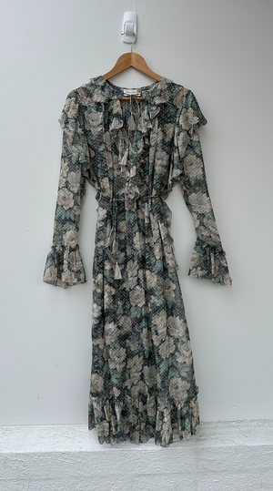 ZIMMERMANN BOWERBIRD RUFFLE FLORAL PRINT SILK DRESS - GREEN - PRE LOVED