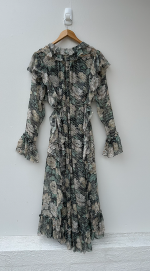 ZIMMERMANN BOWERBIRD RUFFLE FLORAL PRINT SILK DRESS - GREEN - PRE LOVED