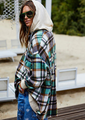 VINTAGE FLANNEL CHECK HOODED SWEAT - NATURAL/GREEN - HAMMILL & CO
