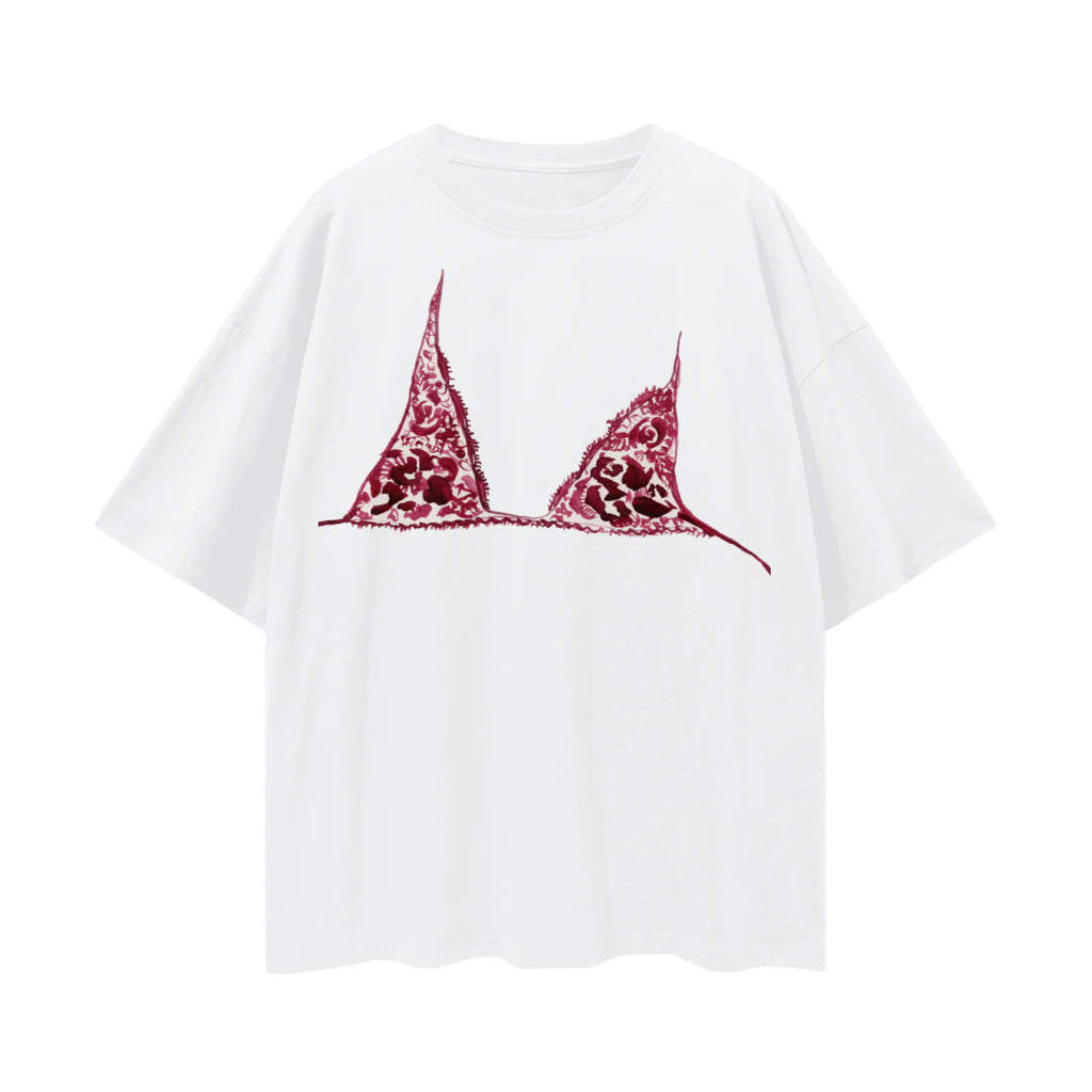 BURGUNDY BRALETTE OVERSIZE TEE - LUCENT WHITE - MAKU