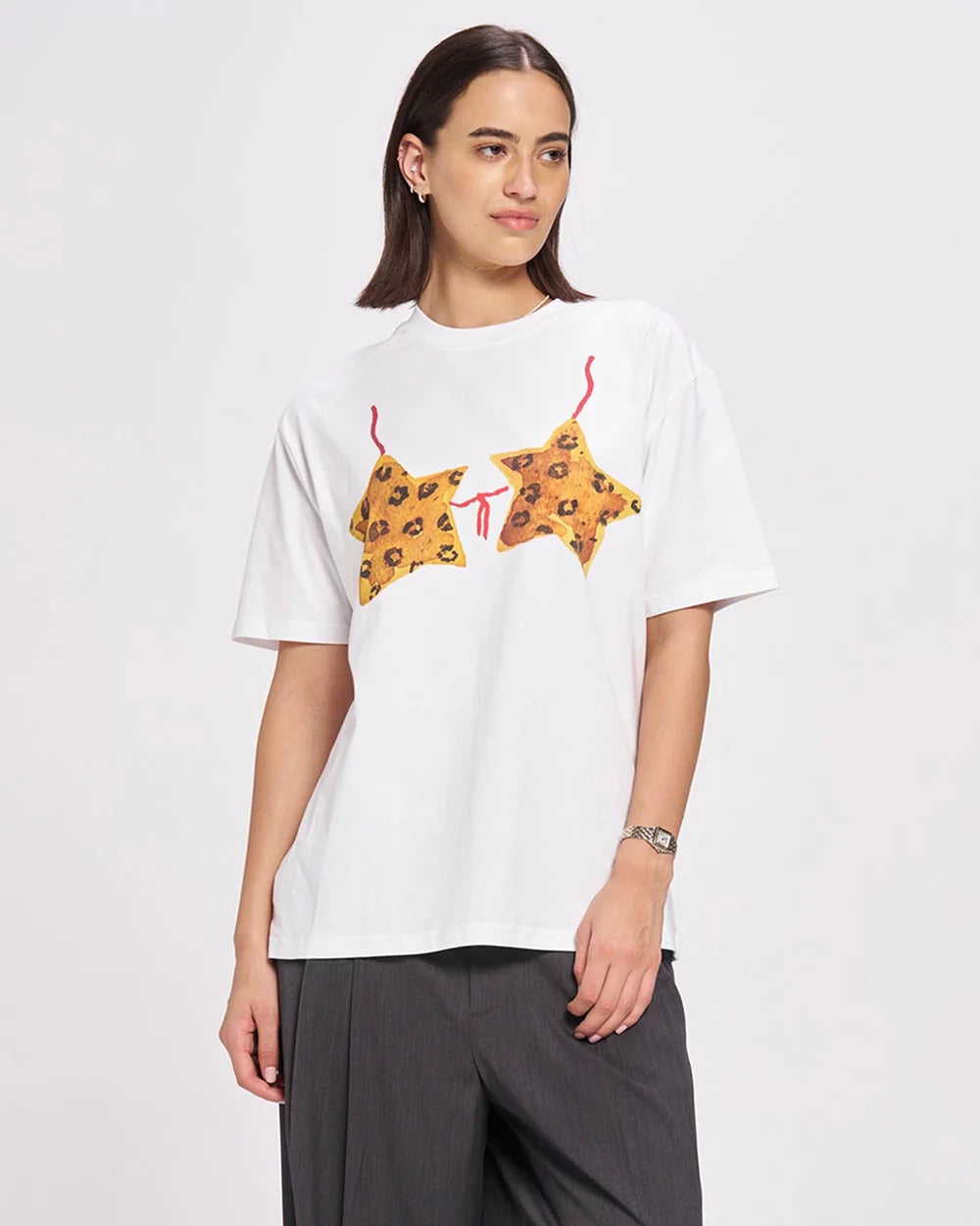 LEOPARD STARKINI OVERSIZED TEE  - WHITE - MAKU