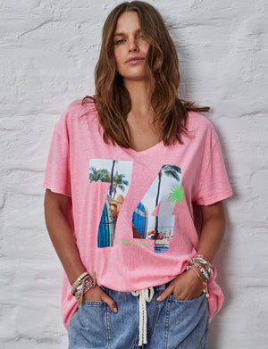 RETRO PALM V NECK TEE - HOT PINK - HAMMILL & CO